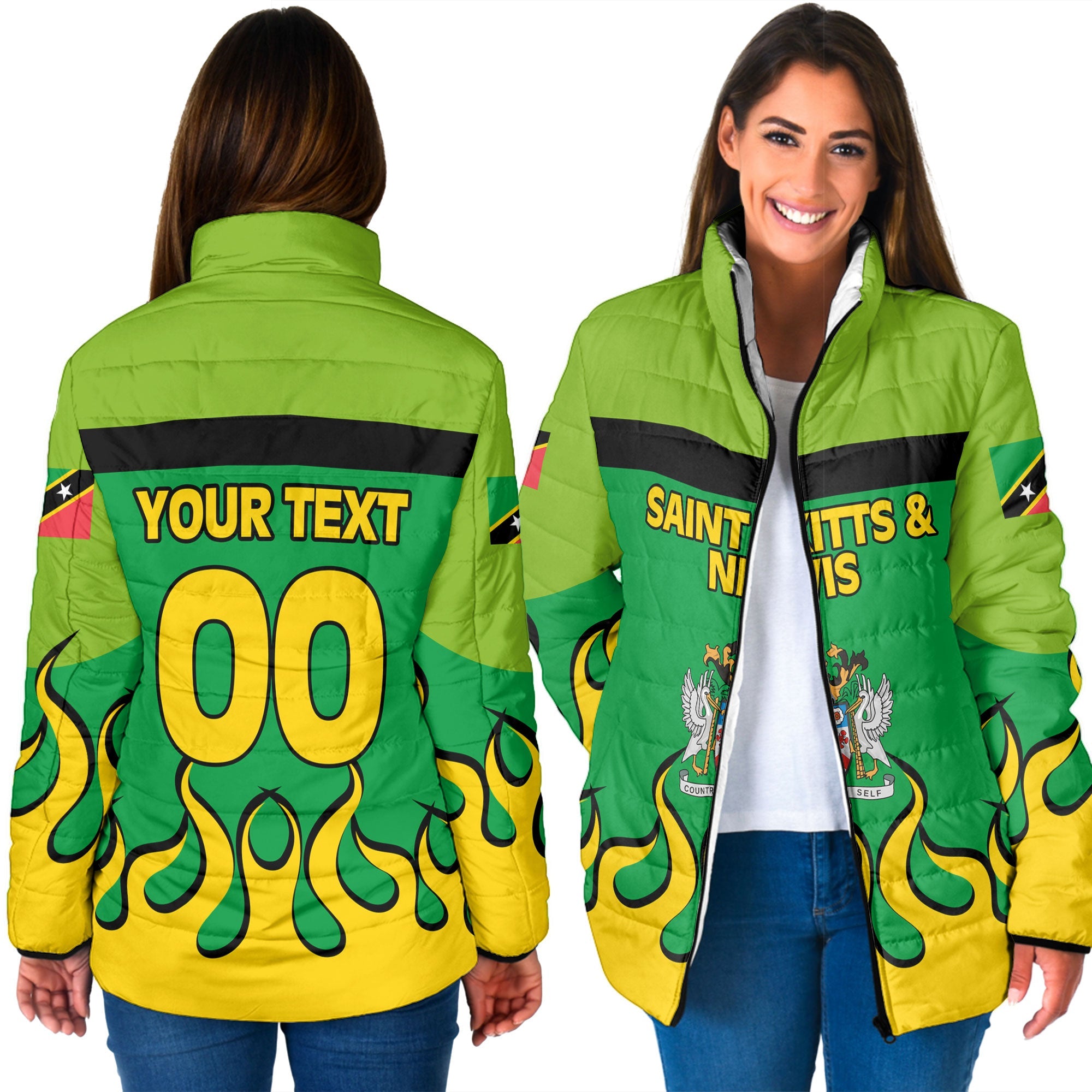 Saint Kitts and Nevis Women Padded Jacket Flag & Coat Of Arms Fire Hockey Style