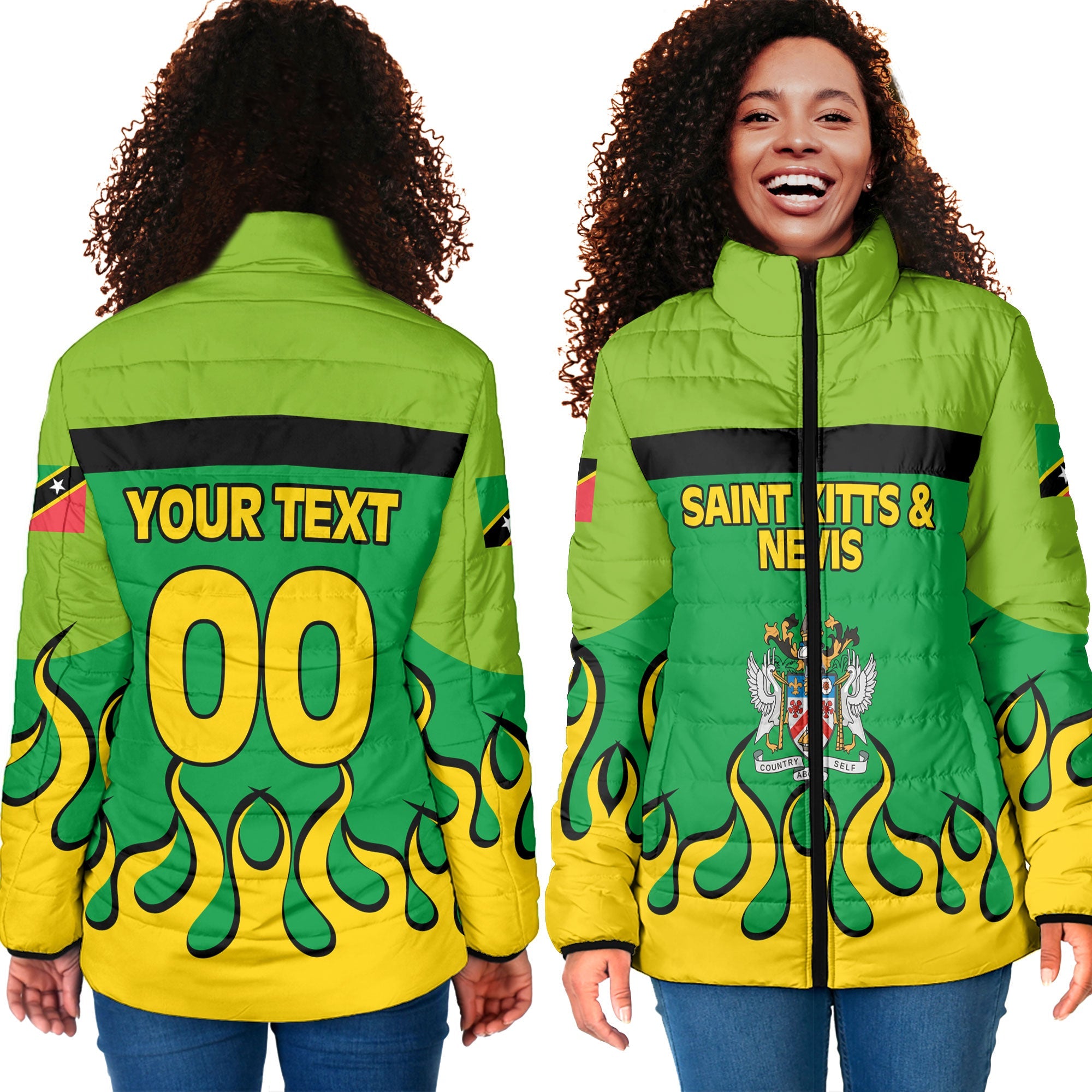 Saint Kitts and Nevis Women Padded Jacket Flag & Coat Of Arms Fire Hockey Style