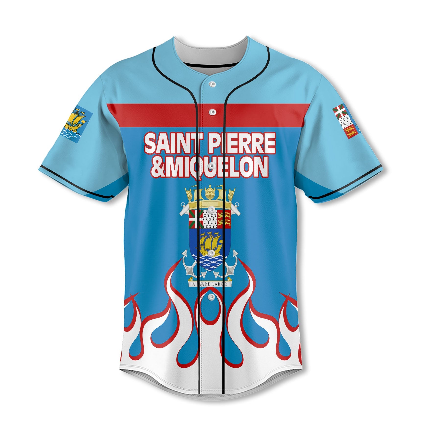 Saint Pierre and Miquelon Baseball Jersey Flag & Coat Of Arms Fire Hockey Style