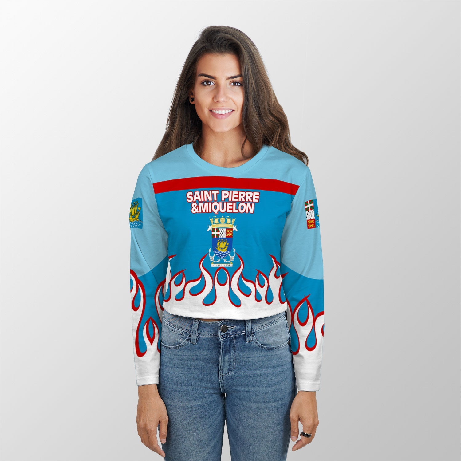 Saint Pierre and Miquelon Crop Top Long TShirt Flag & Coat Of Arms Fire Hockey Style