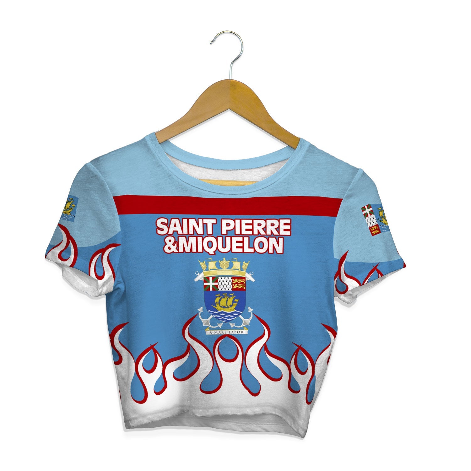 Saint Pierre and Miquelon Crop Top T Shirt Flag & Coat Of Arms Fire Hockey Style