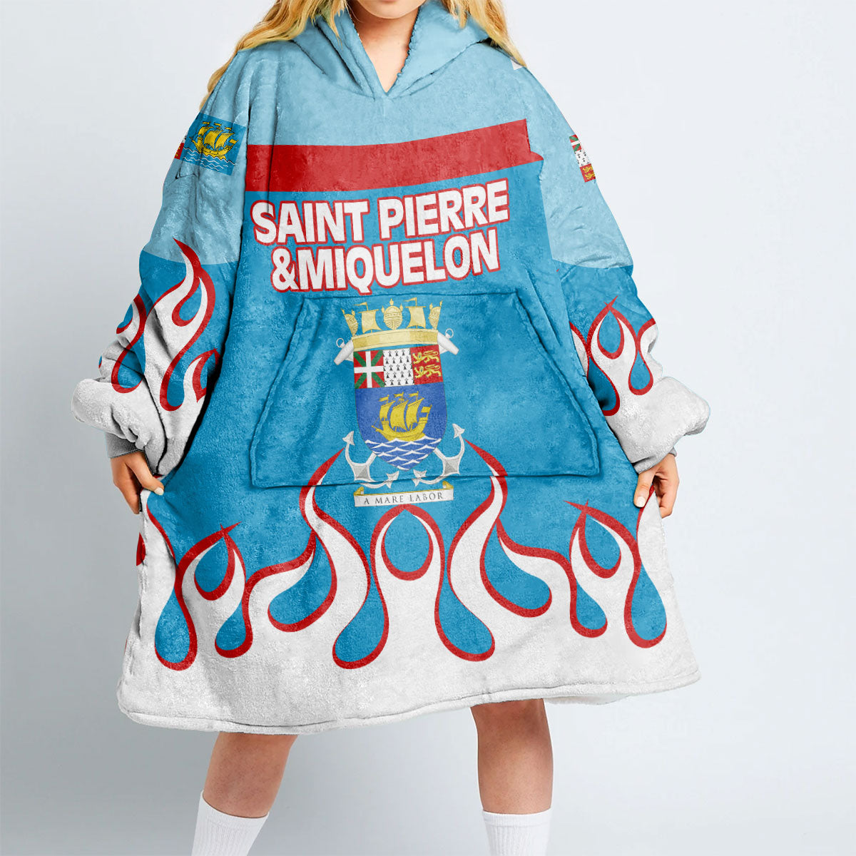 Saint Pierre and Miquelon Snug Hoodie Flag & Coat Of Arms Fire Hockey Style