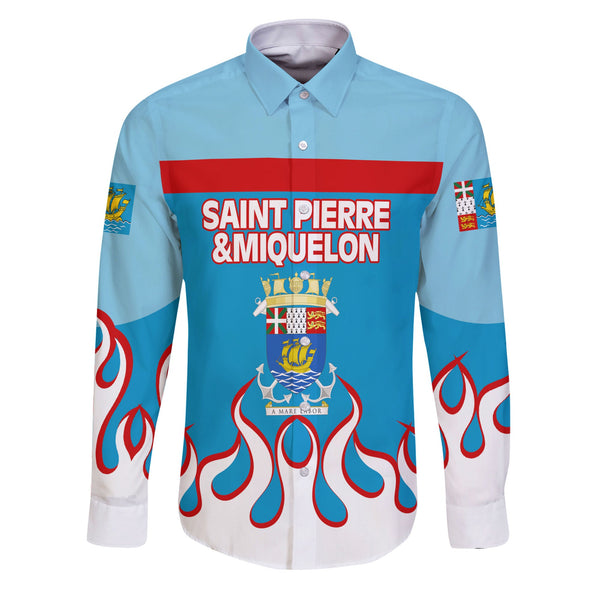 Saint Pierre and Miquelon Long Sleeve Button Shirt Flag & Coat Of Arms Fire Hockey Style