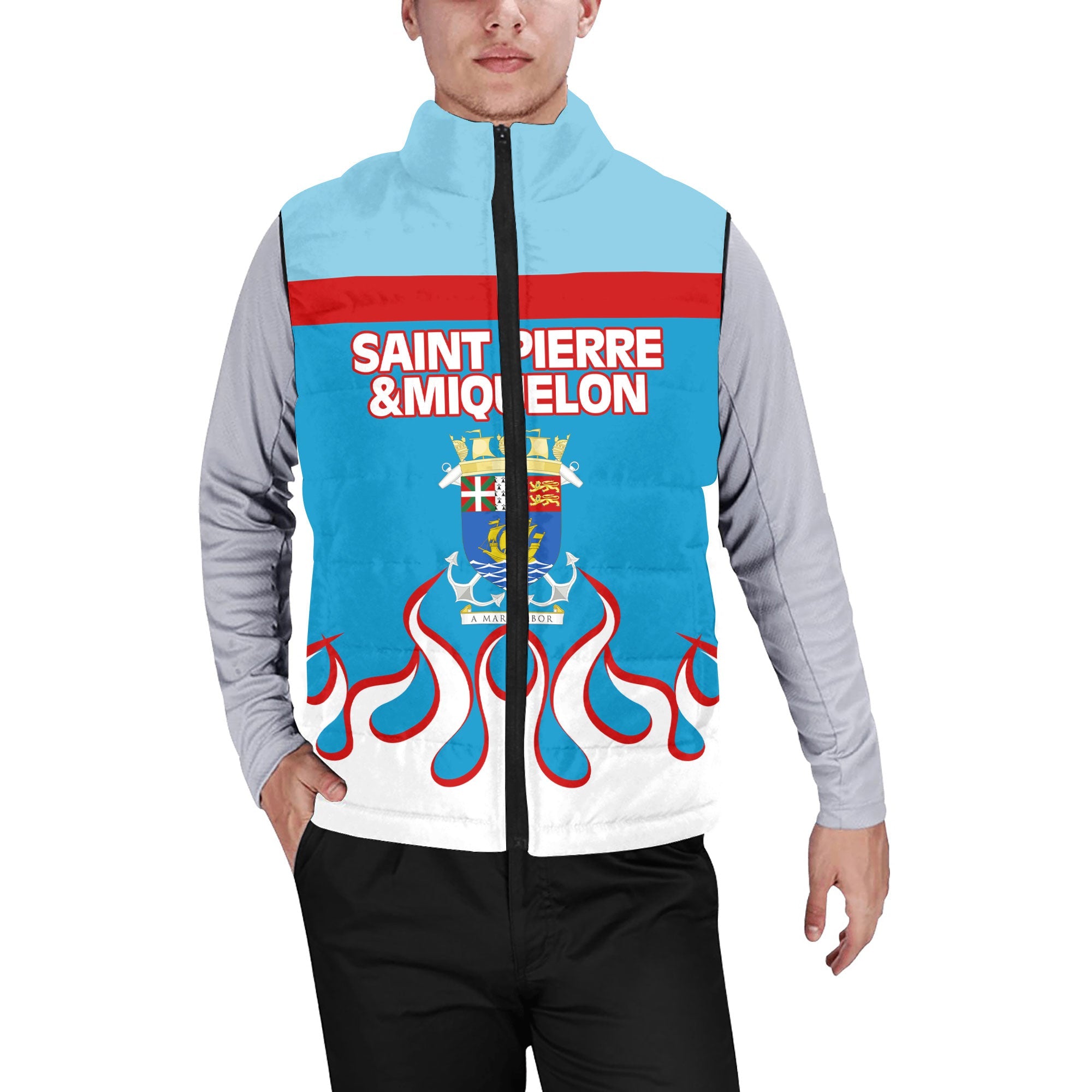 Saint Pierre and Miquelon Men Padded Jacket Vest Flag & Coat Of Arms Fire Hockey Style