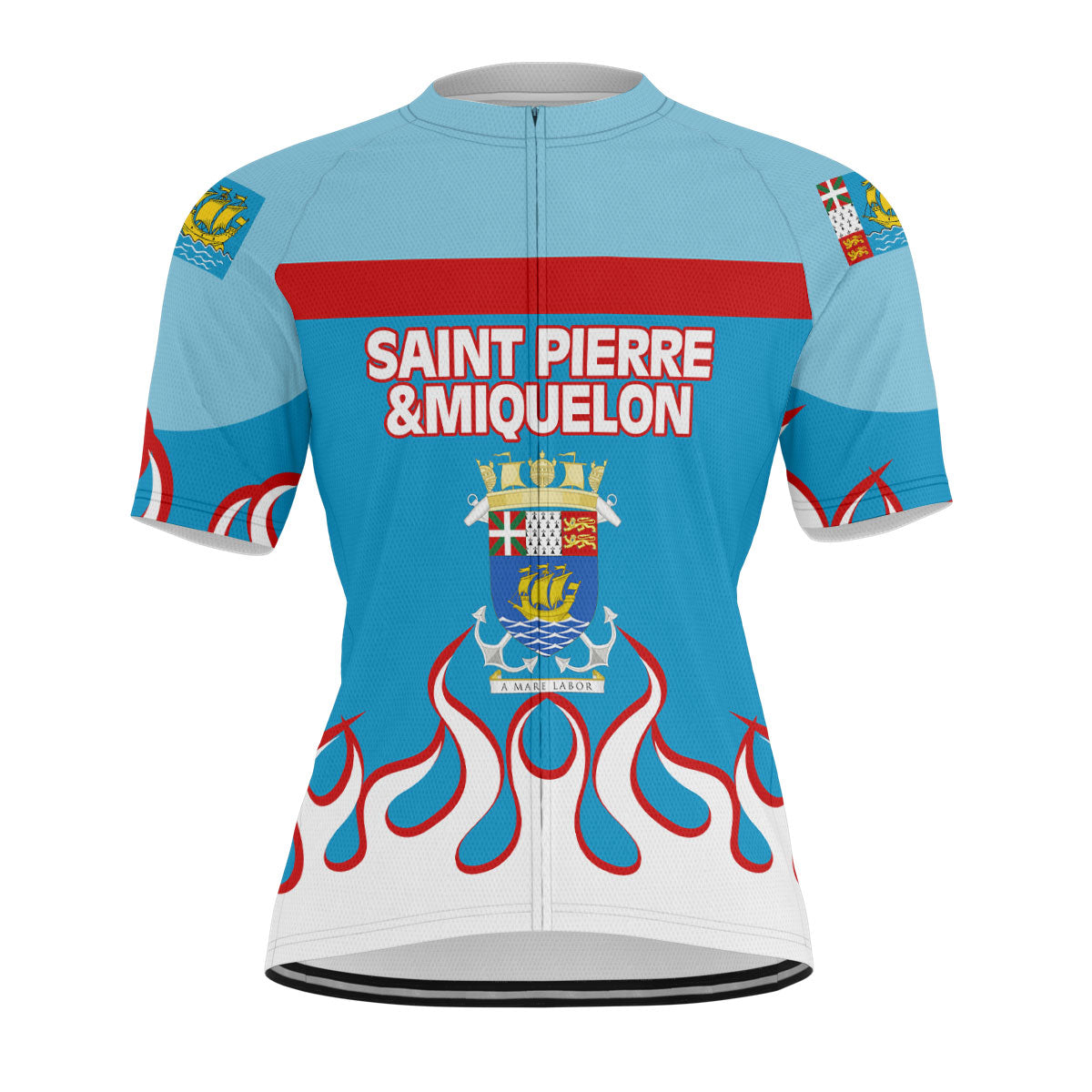 Saint Pierre and Miquelon Men's Cycling Jersey Flag & Coat Of Arms Fire Hockey Style