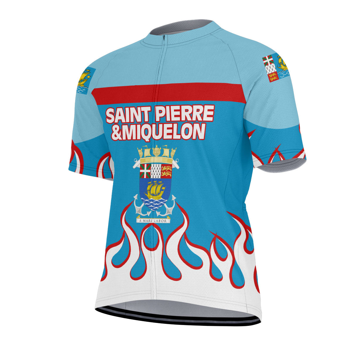 Saint Pierre and Miquelon Men's Cycling Jersey Flag & Coat Of Arms Fire Hockey Style