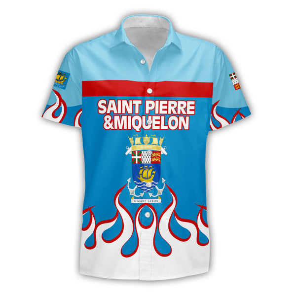 Saint Pierre and Miquelon Short Sleeve Shirt Flag & Coat Of Arms Fire Hockey Style