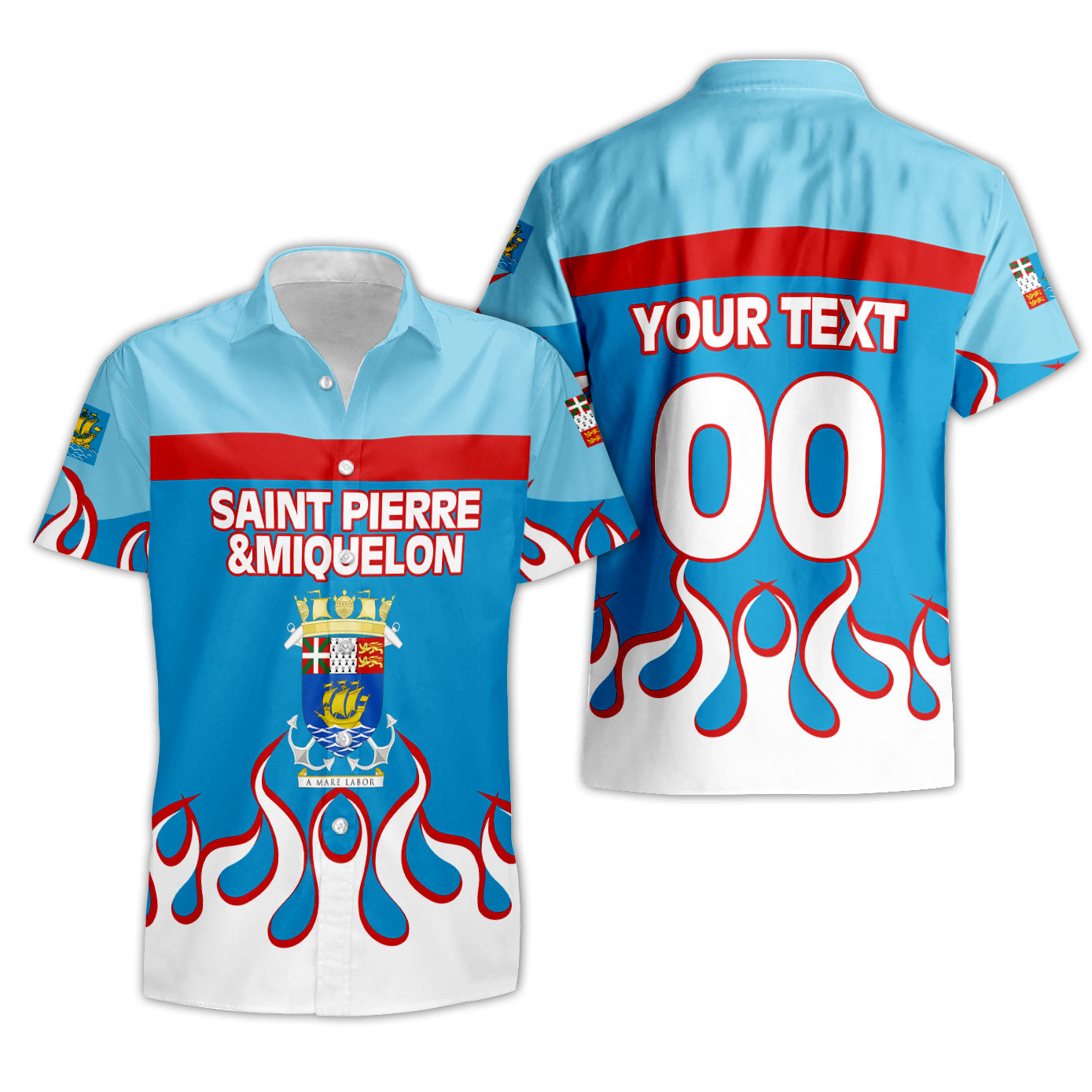 Saint Pierre and Miquelon Short Sleeve Shirt Flag & Coat Of Arms Fire Hockey Style