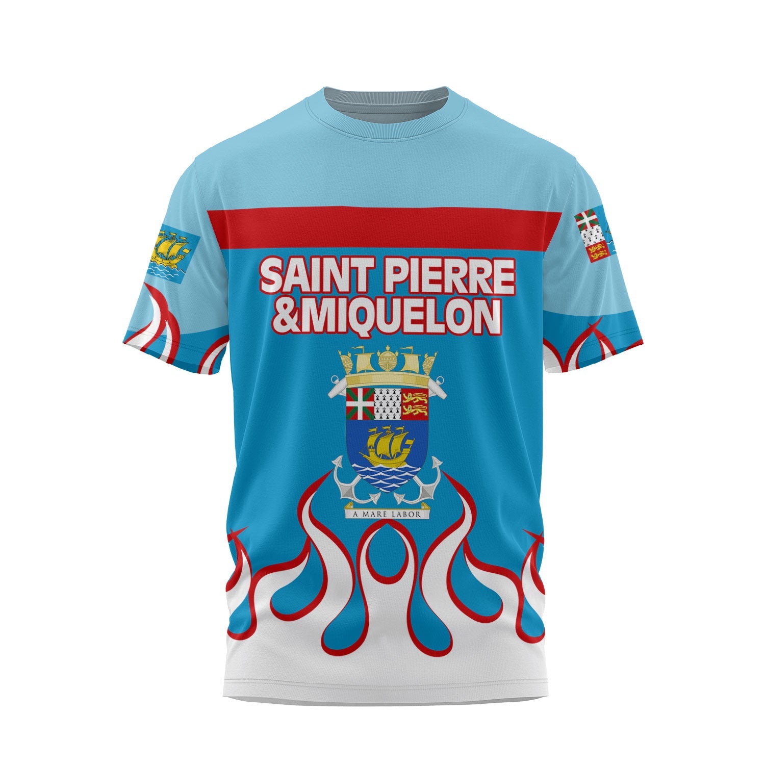 Saint Pierre and Miquelon T Shirt Flag & Coat Of Arms Fire Hockey Style