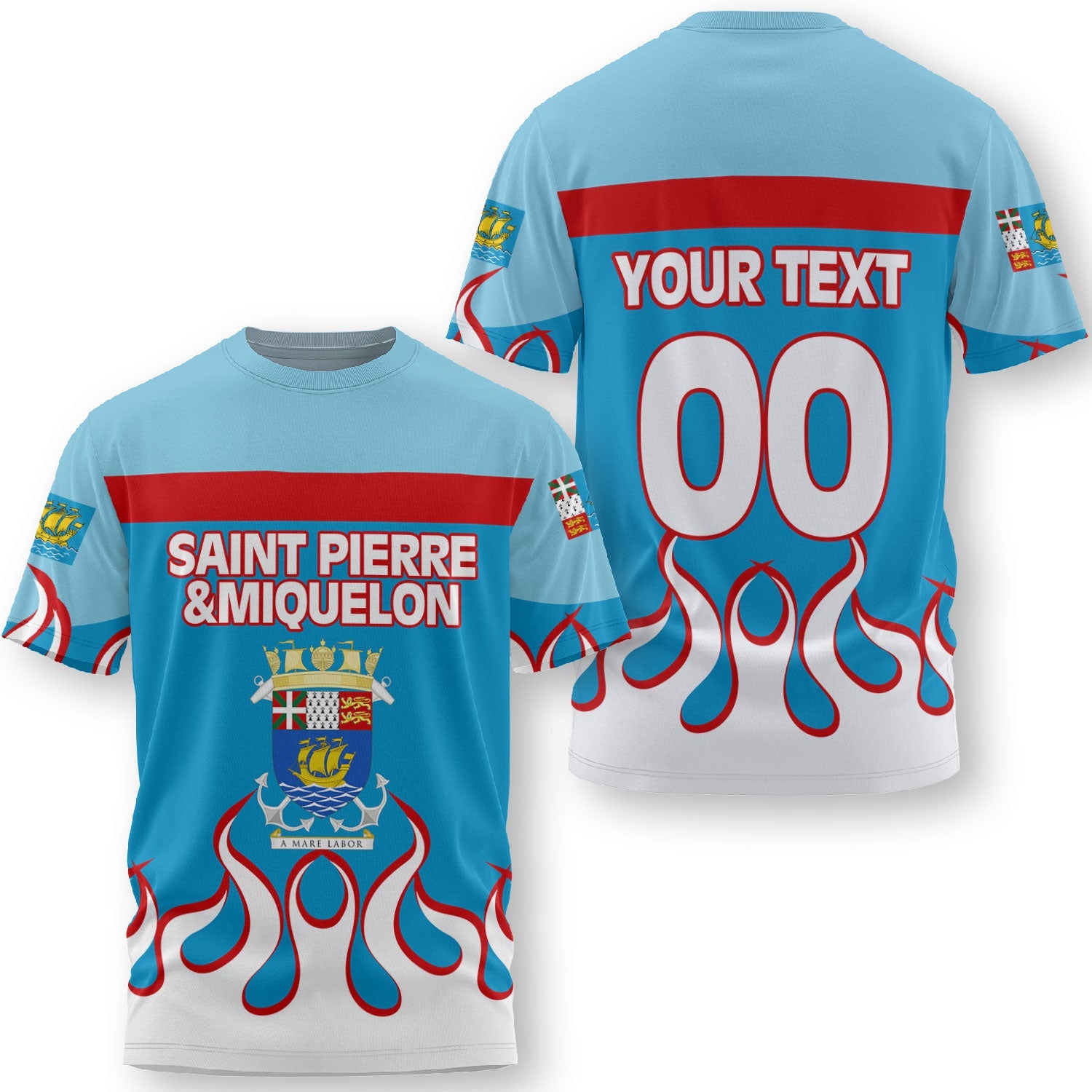 Saint Pierre and Miquelon T Shirt Flag & Coat Of Arms Fire Hockey Style