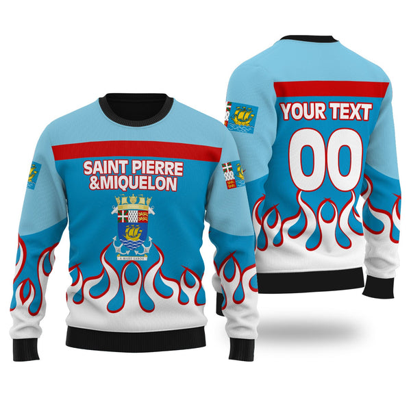 Saint Pierre and Miquelon Ugly Sweater Flag & Coat Of Arms Fire Hockey Style