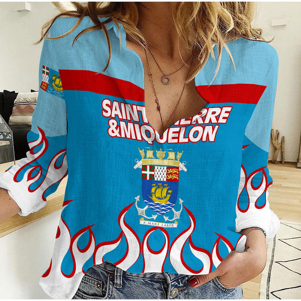 Saint Pierre and Miquelon Women Casual Shirt Flag & Coat Of Arms Fire Hockey Style