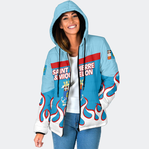 Saint Pierre and Miquelon Women Hooded Padded Jacket Flag & Coat Of Arms Fire Hockey Style