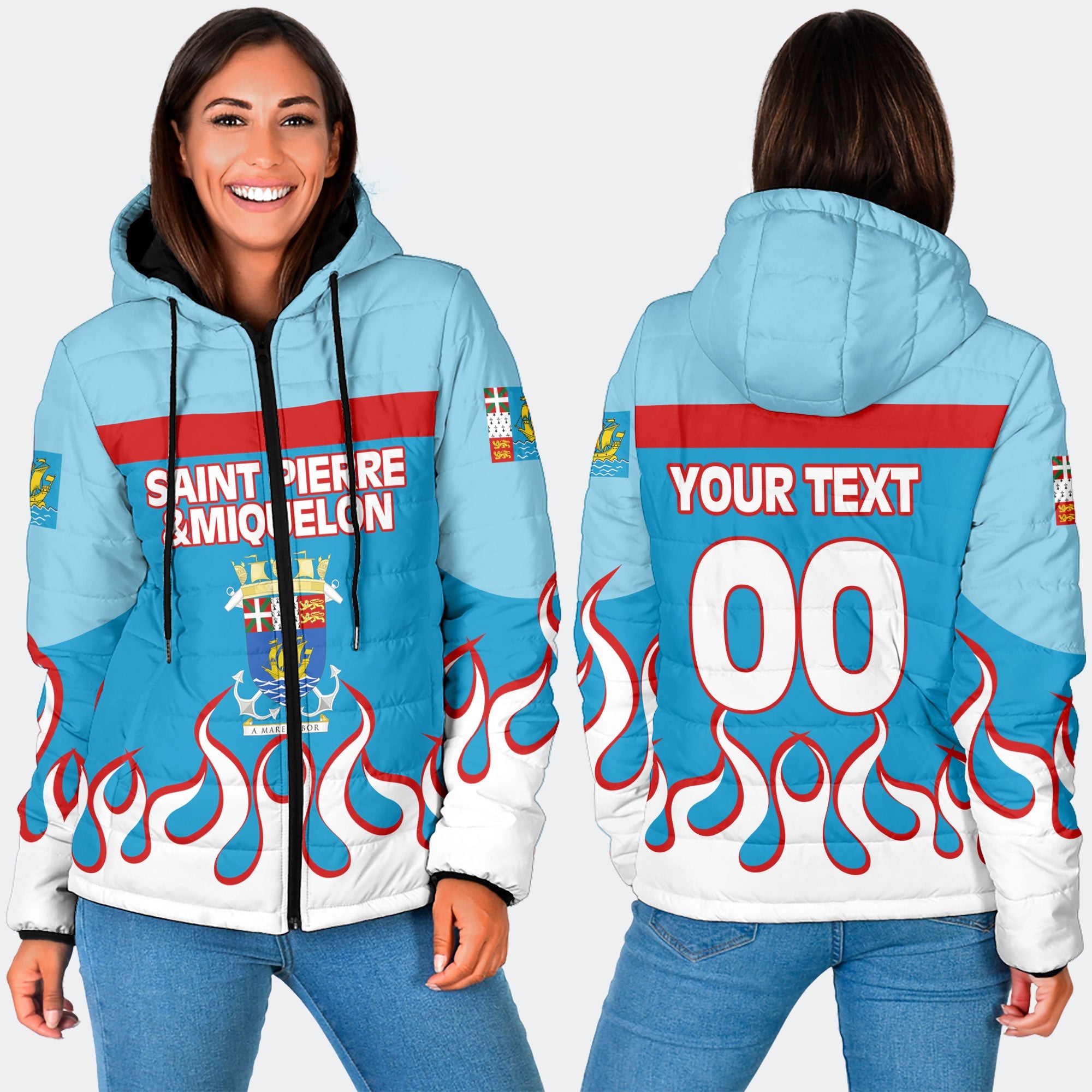 Saint Pierre and Miquelon Women Hooded Padded Jacket Flag & Coat Of Arms Fire Hockey Style