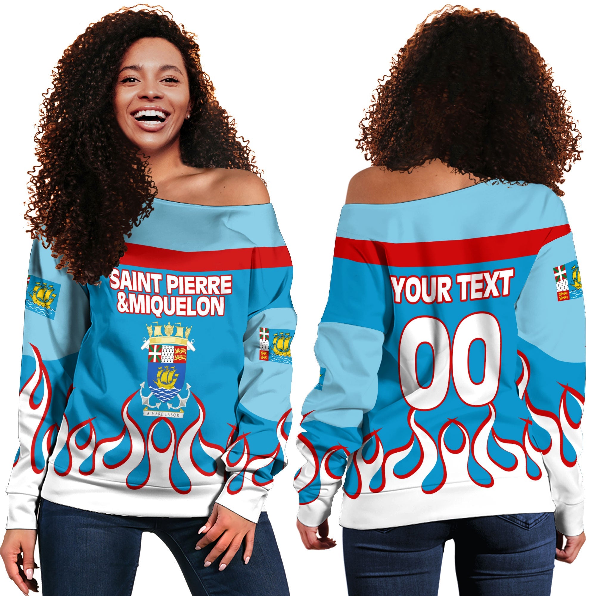 Saint Pierre and Miquelon Women Off Shoulder Sweatshirt Flag & Coat Of Arms Fire Hockey Style