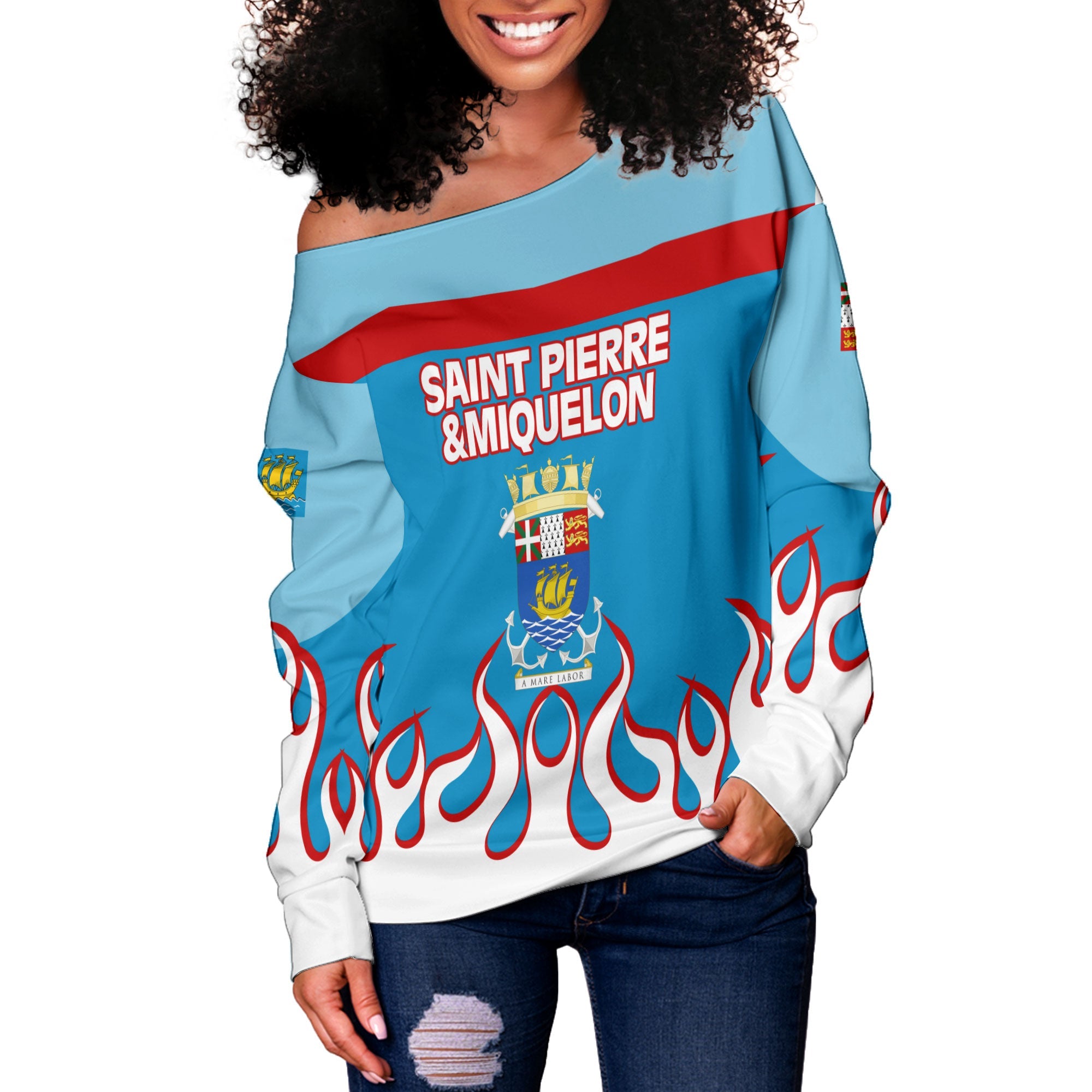 Saint Pierre and Miquelon Women Off Shoulder Sweatshirt Flag & Coat Of Arms Fire Hockey Style