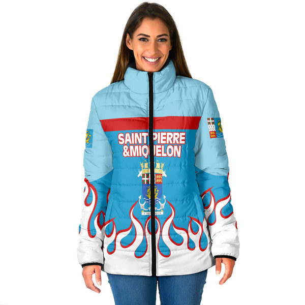 Saint Pierre and Miquelon Women Padded Jacket Flag & Coat Of Arms Fire Hockey Style