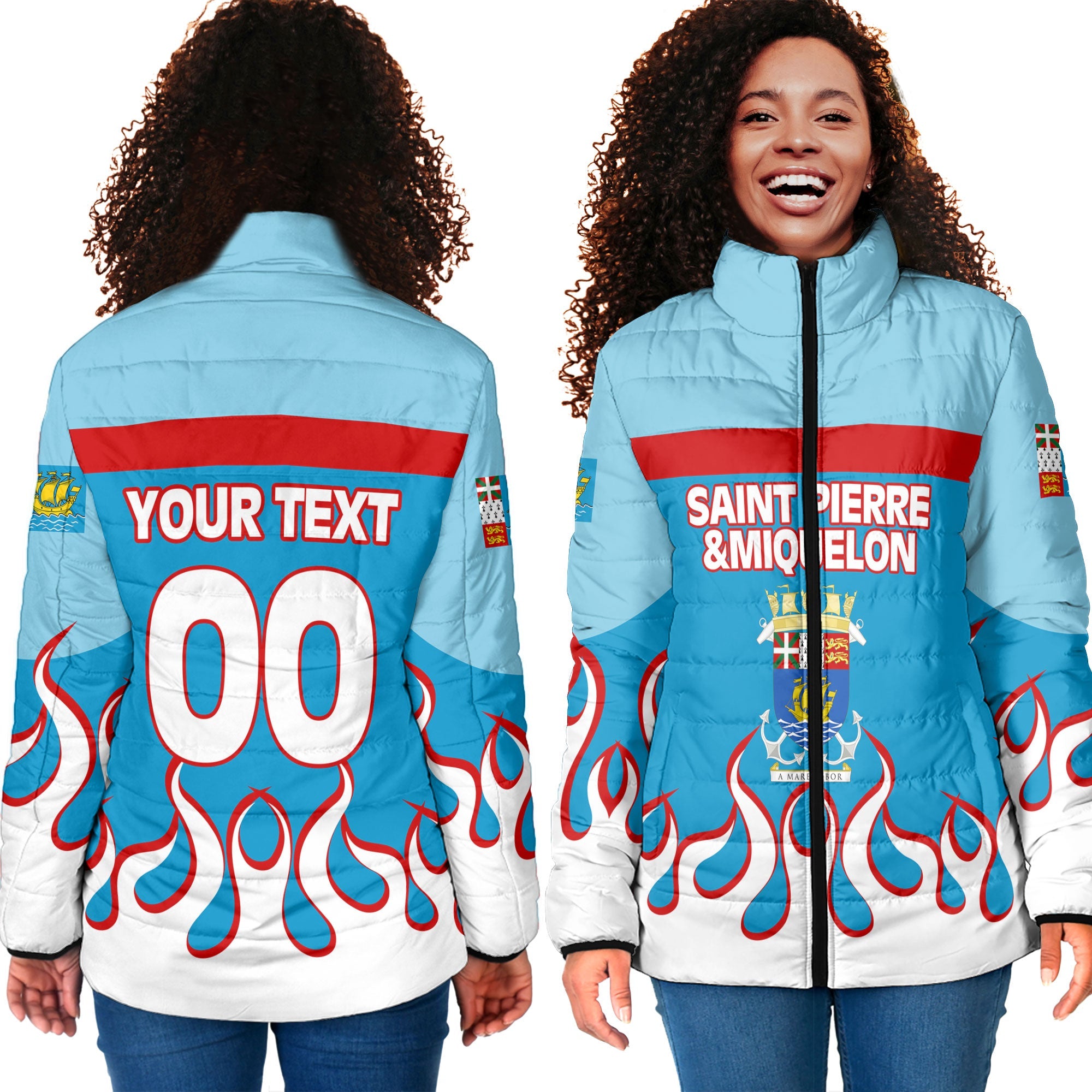 Saint Pierre and Miquelon Women Padded Jacket Flag & Coat Of Arms Fire Hockey Style