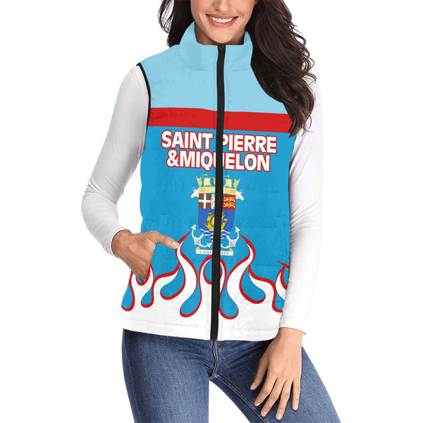 Saint Pierre and Miquelon Women Padded Jacket Vest Flag & Coat Of Arms Fire Hockey Style