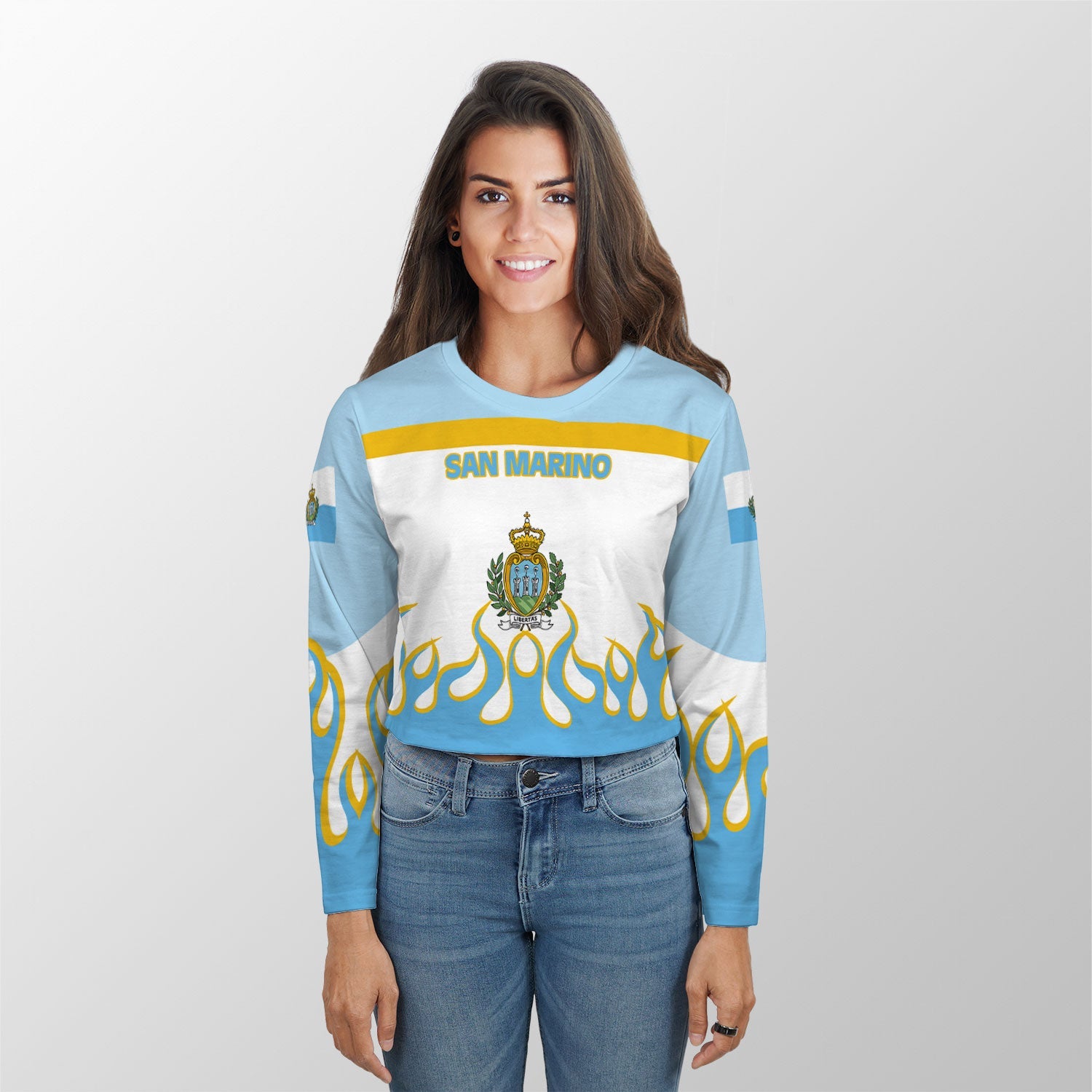 San Marino Crop Top Long TShirt Flag & Coat Of Arms Fire Hockey Style