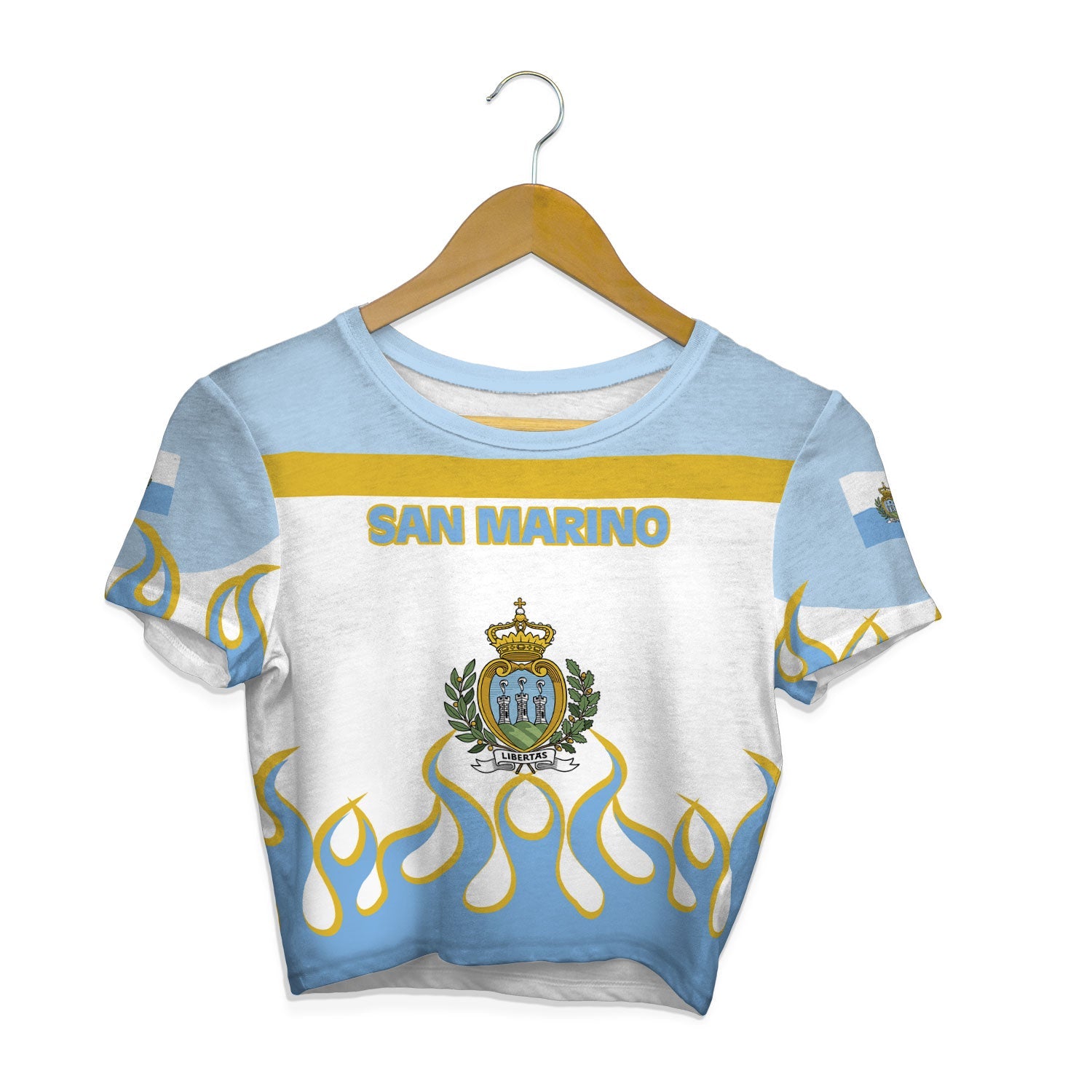 San Marino Crop Top T Shirt Flag & Coat Of Arms Fire Hockey Style