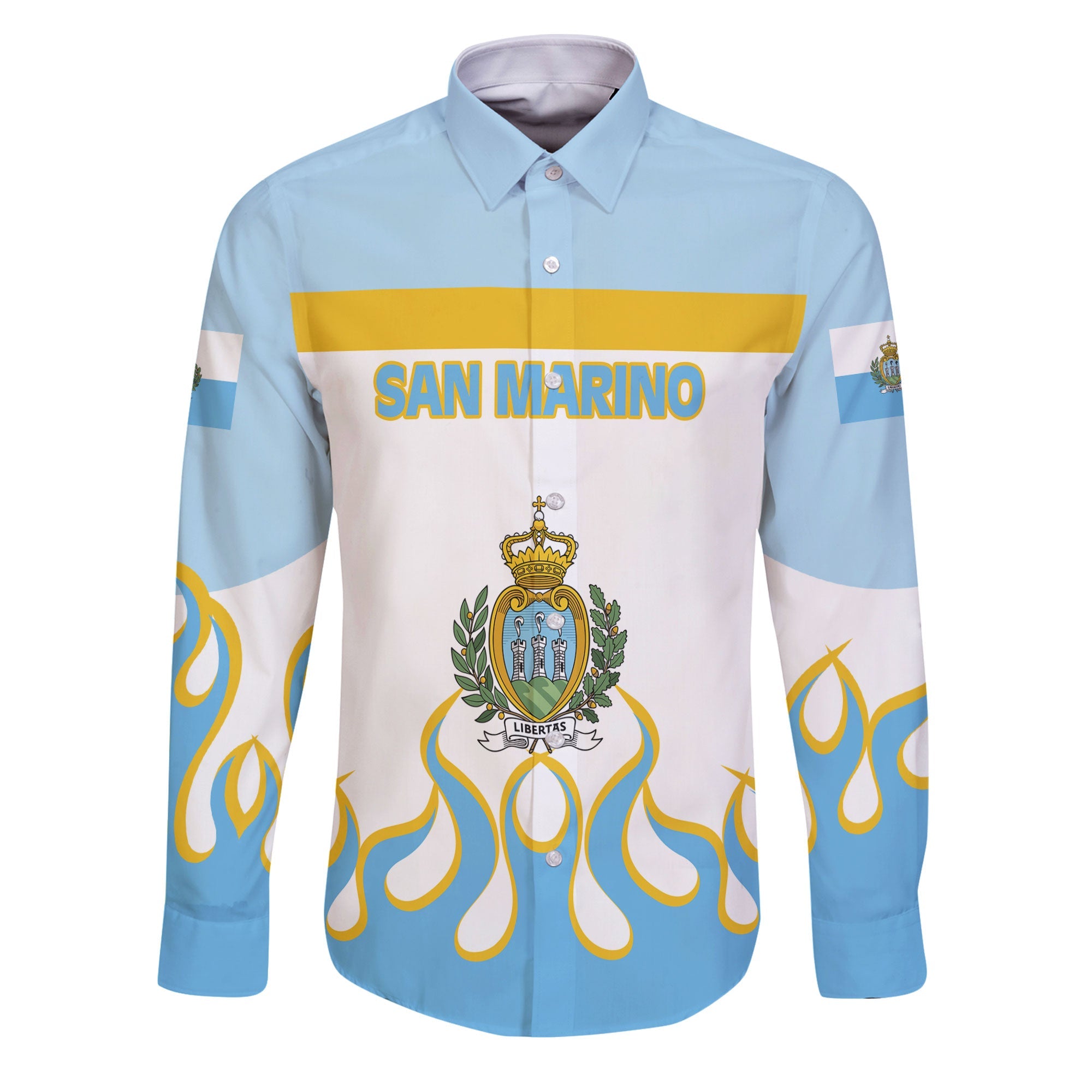 San Marino Long Sleeve Button Shirt Flag & Coat Of Arms Fire Hockey Style