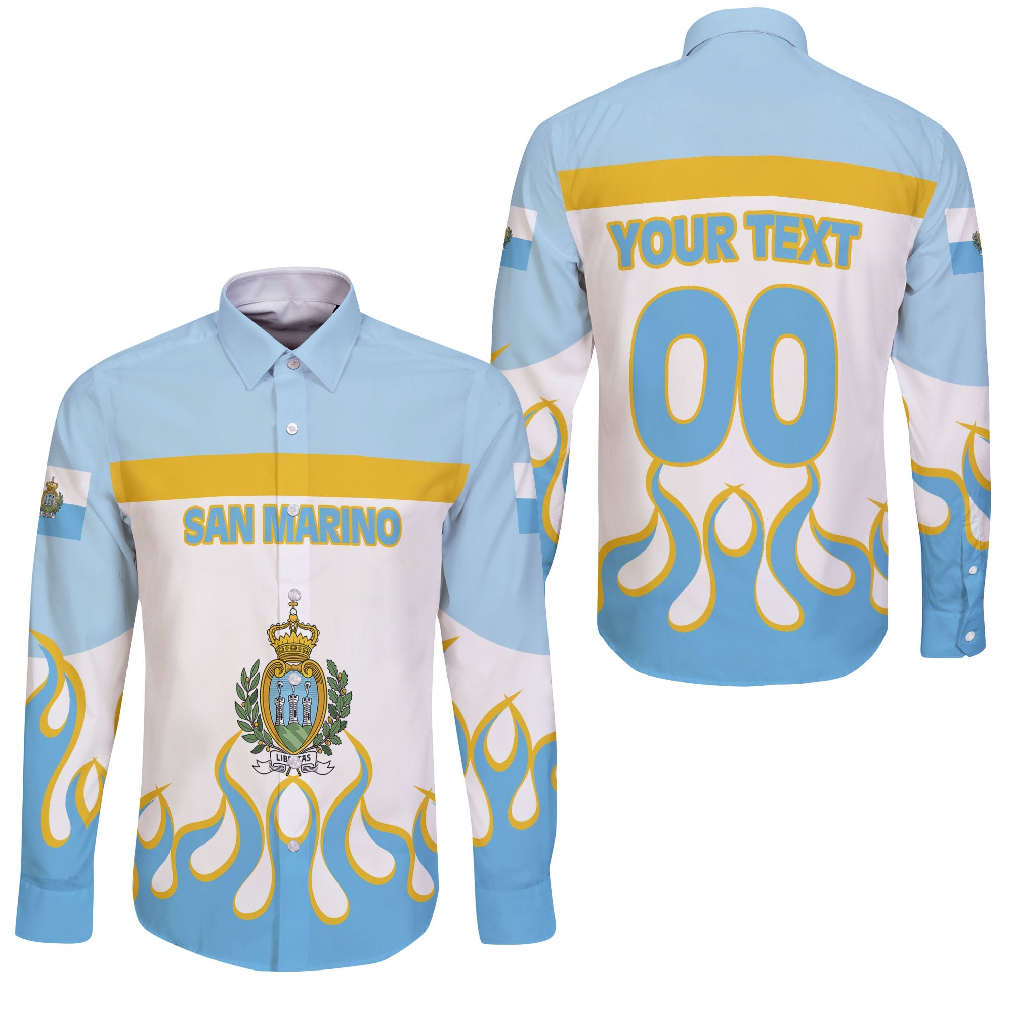 San Marino Long Sleeve Button Shirt Flag & Coat Of Arms Fire Hockey Style