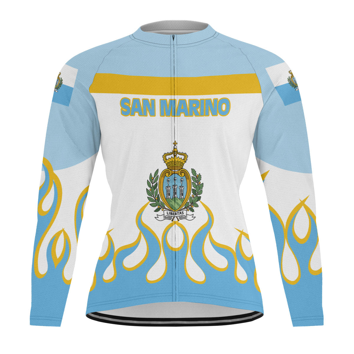 San Marino Men's Cycling Jersey Long Sleeve Flag & Coat Of Arms Fire Hockey Style