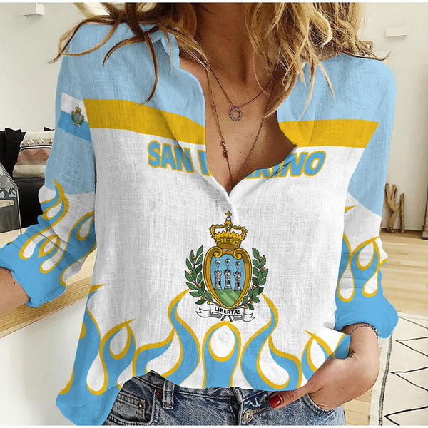 San Marino Women Casual Shirt Flag & Coat Of Arms Fire Hockey Style