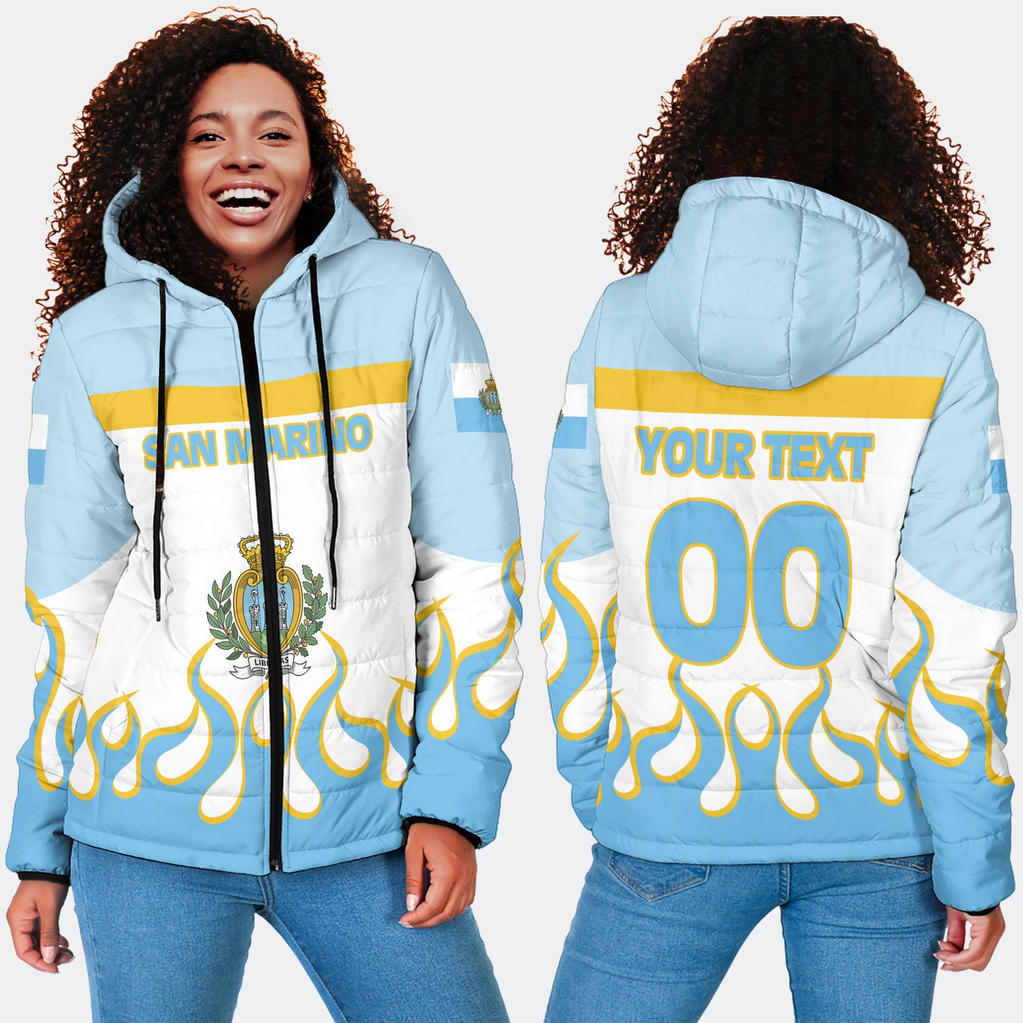 San Marino Women Hooded Padded Jacket Flag & Coat Of Arms Fire Hockey Style