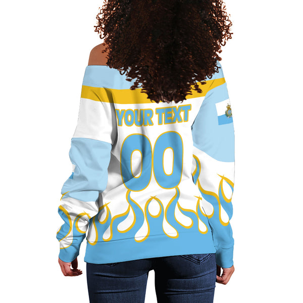 San Marino Women Off Shoulder Sweatshirt Flag & Coat Of Arms Fire Hockey Style