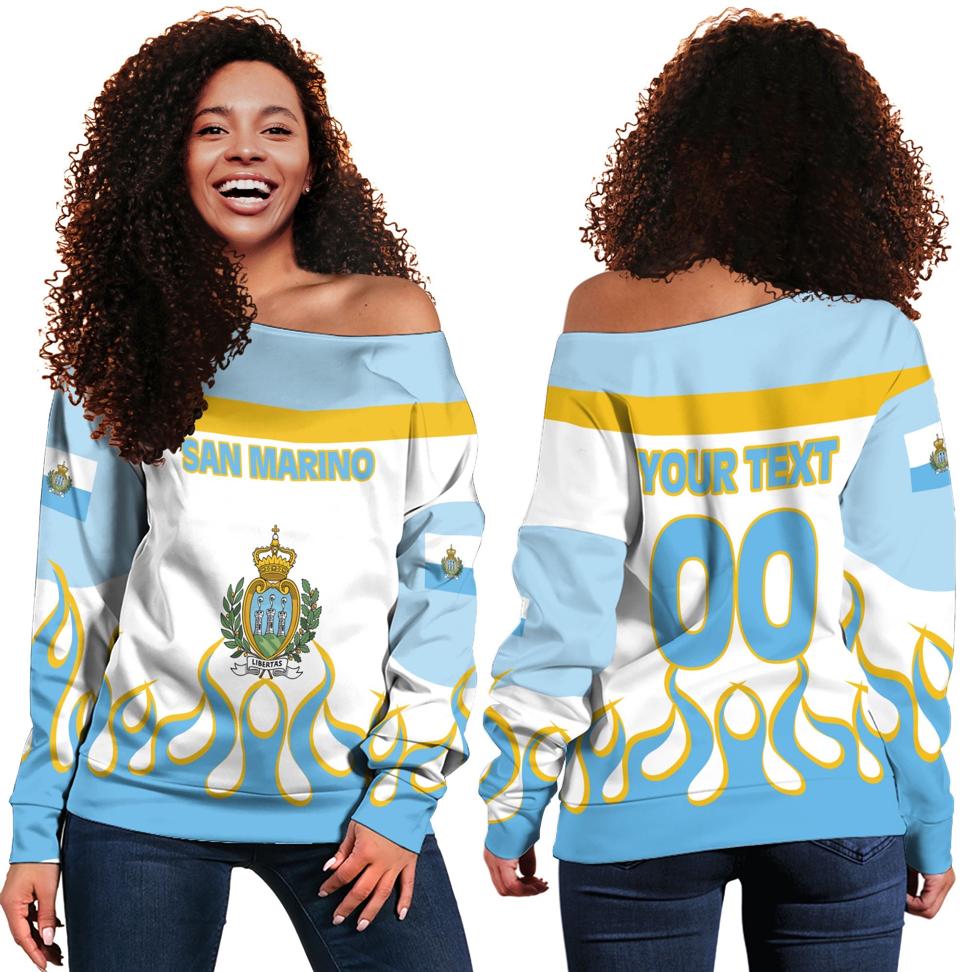 San Marino Women Off Shoulder Sweatshirt Flag & Coat Of Arms Fire Hockey Style