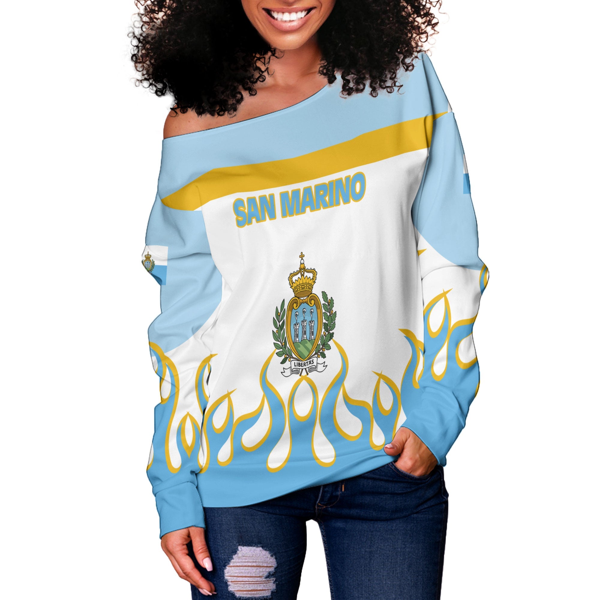 San Marino Women Off Shoulder Sweatshirt Flag & Coat Of Arms Fire Hockey Style