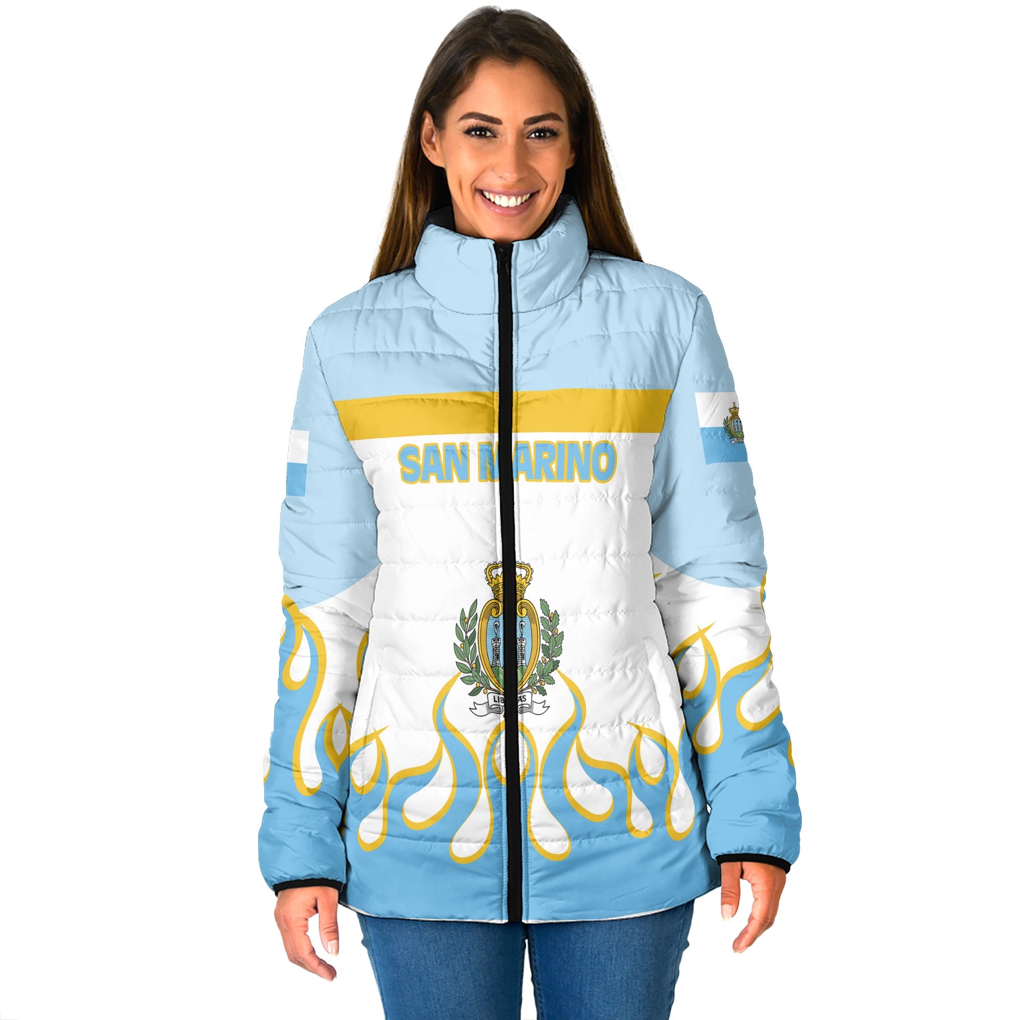 San Marino Women Padded Jacket Flag & Coat Of Arms Fire Hockey Style