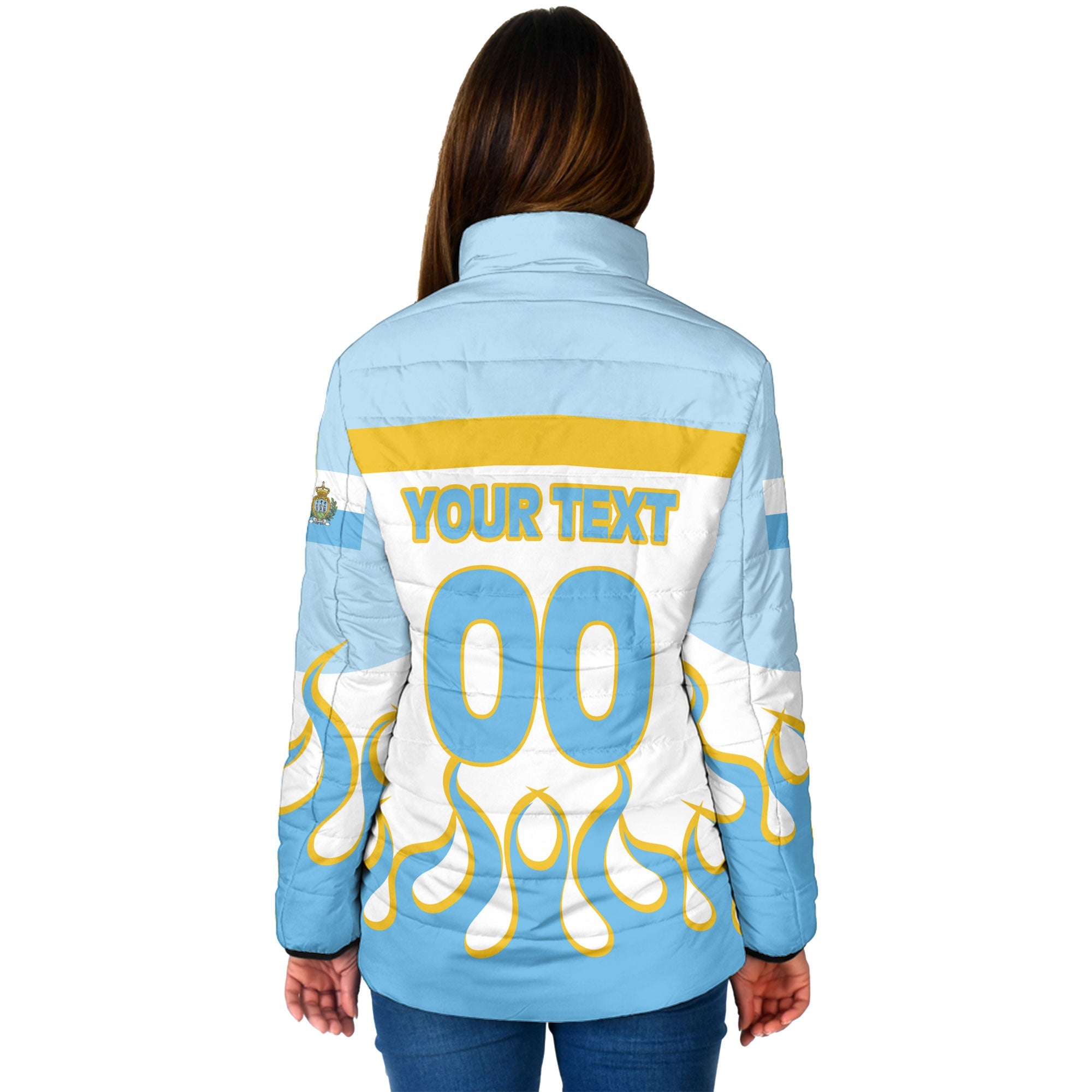 San Marino Women Padded Jacket Flag & Coat Of Arms Fire Hockey Style