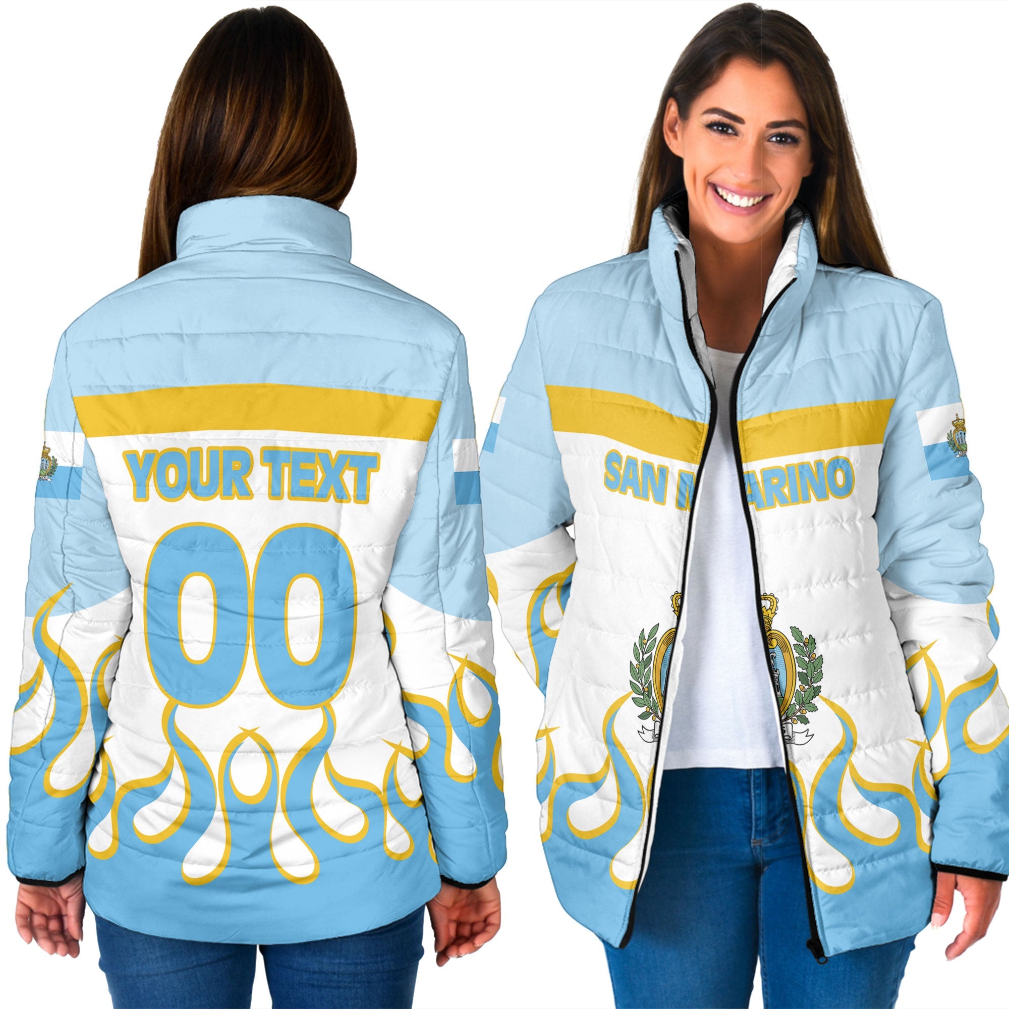 San Marino Women Padded Jacket Flag & Coat Of Arms Fire Hockey Style