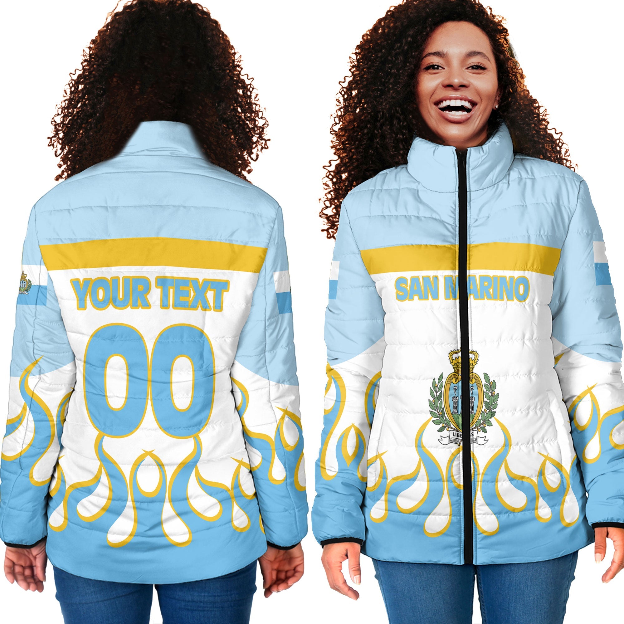 San Marino Women Padded Jacket Flag & Coat Of Arms Fire Hockey Style