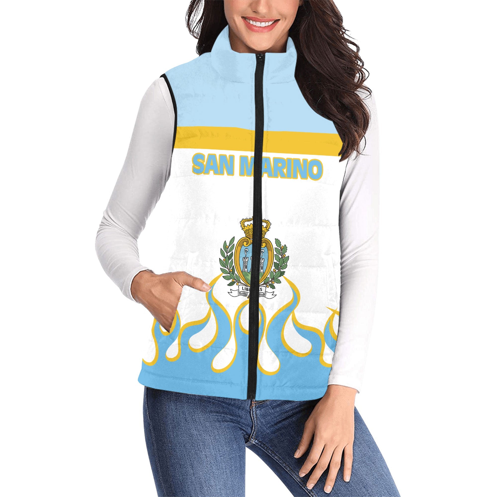 San Marino Women Padded Jacket Vest Flag & Coat Of Arms Fire Hockey Style