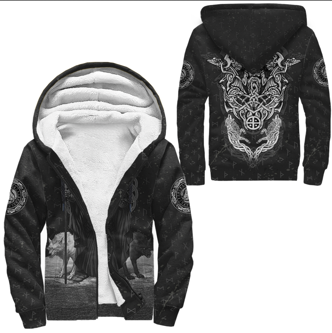Viking Sherpa Hoodie  Odin Raven & Wolf Valknut