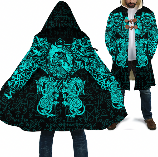 Viking Hooded Coat Dragon and Wolf Tattoo Cyan