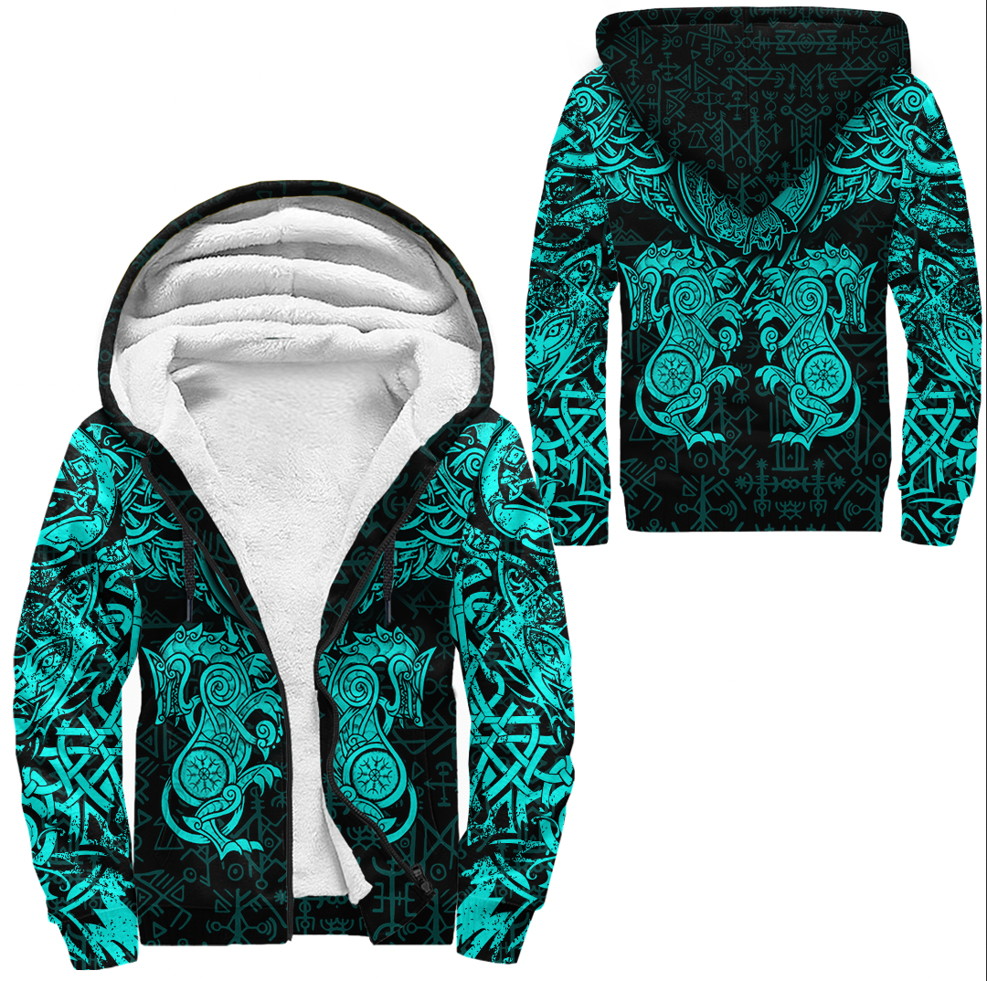 Viking Sherpa Hoodie  Dragon and Wolf Tattoo Cyan