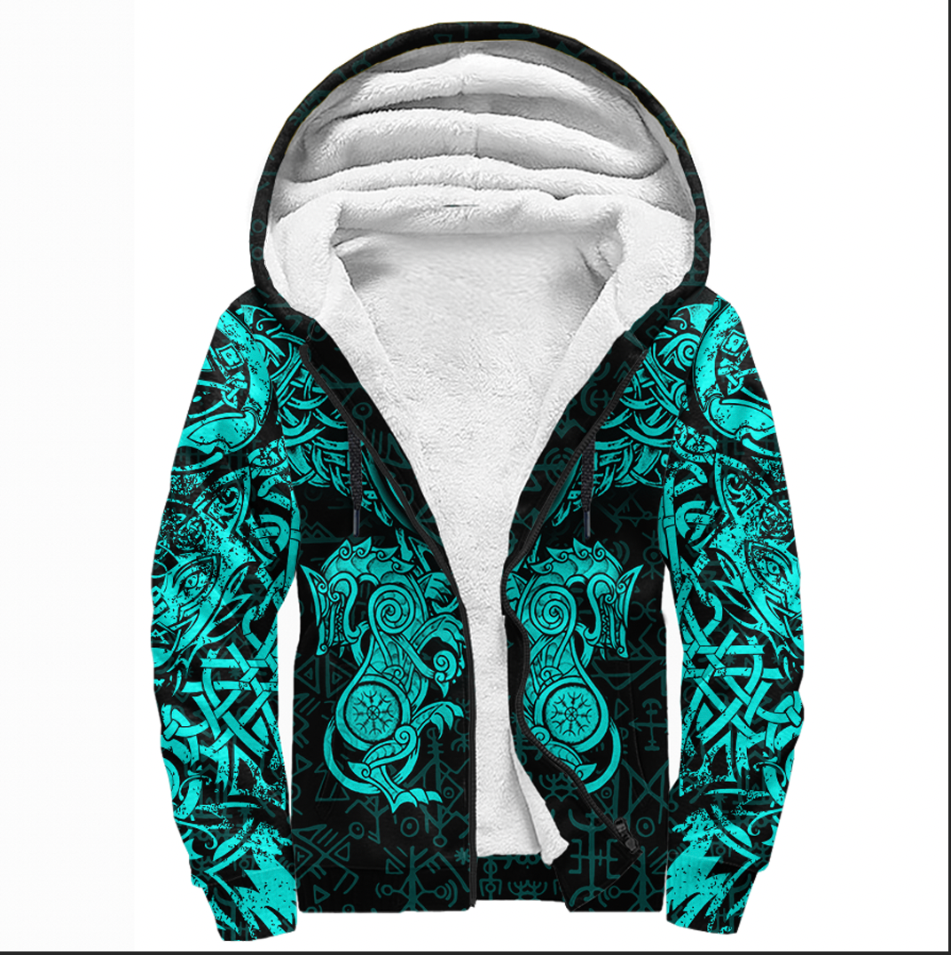 Viking Sherpa Hoodie  Dragon and Wolf Tattoo Cyan