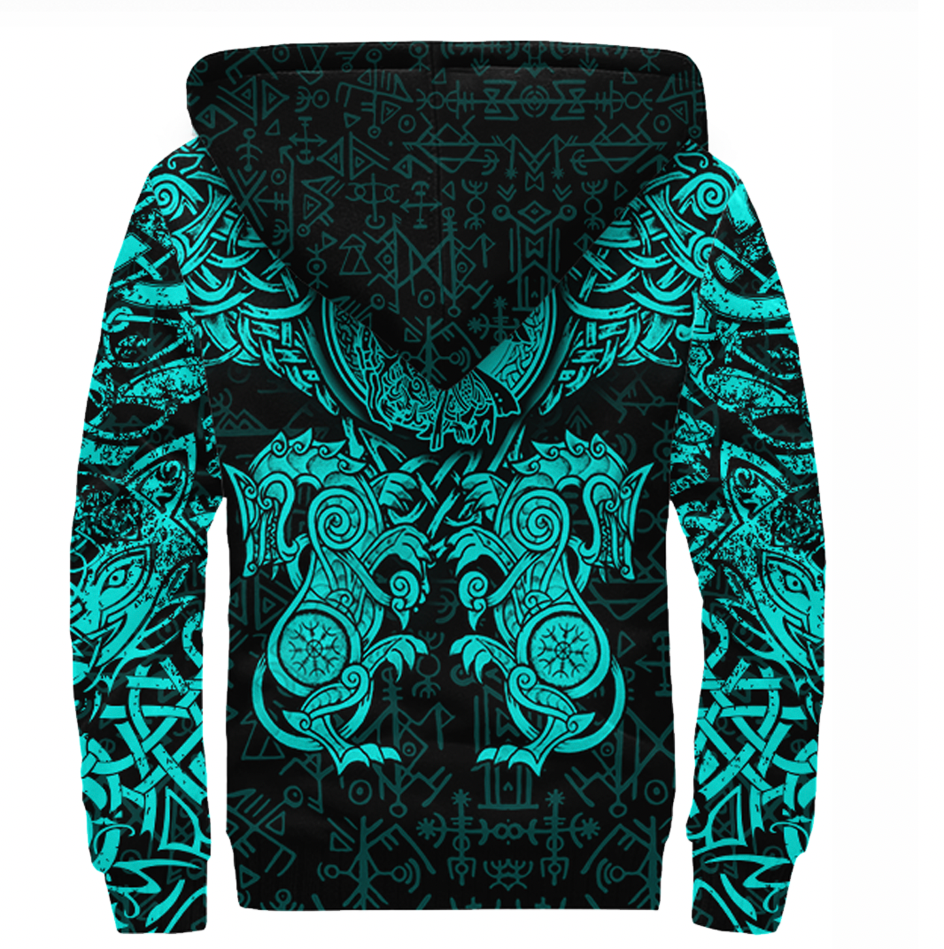 Viking Sherpa Hoodie  Dragon and Wolf Tattoo Cyan