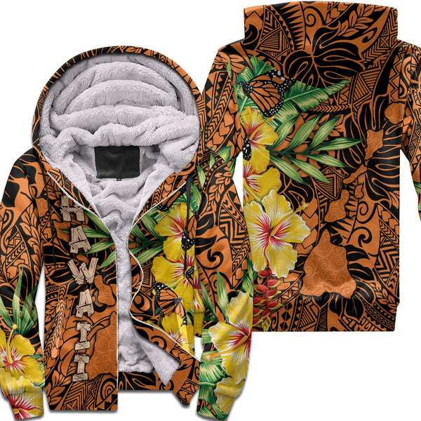 Hawaii Sherpa Hoodie Kamehameha Butterfly Tropical Style