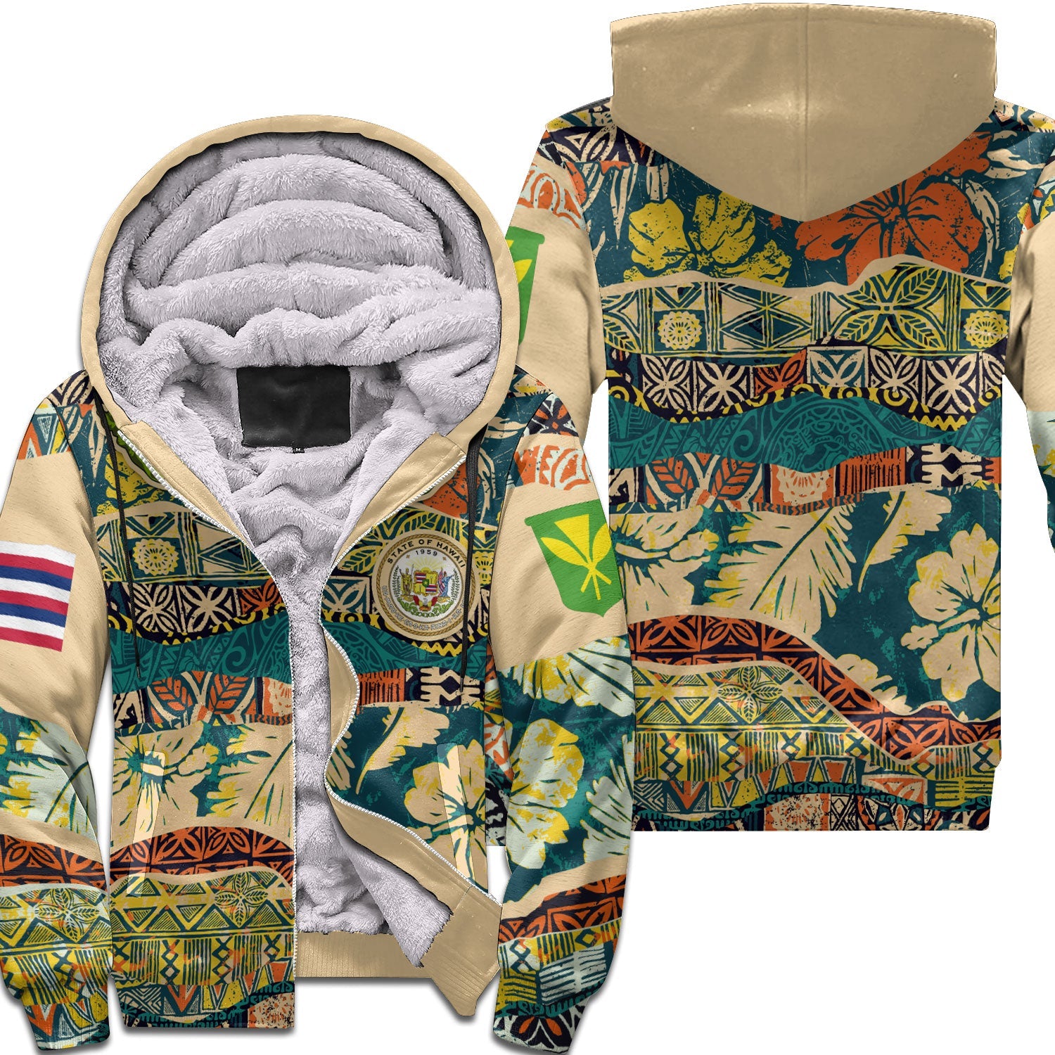 Hawaii Flag Sherpa Hoodie Coat Of Arm Style