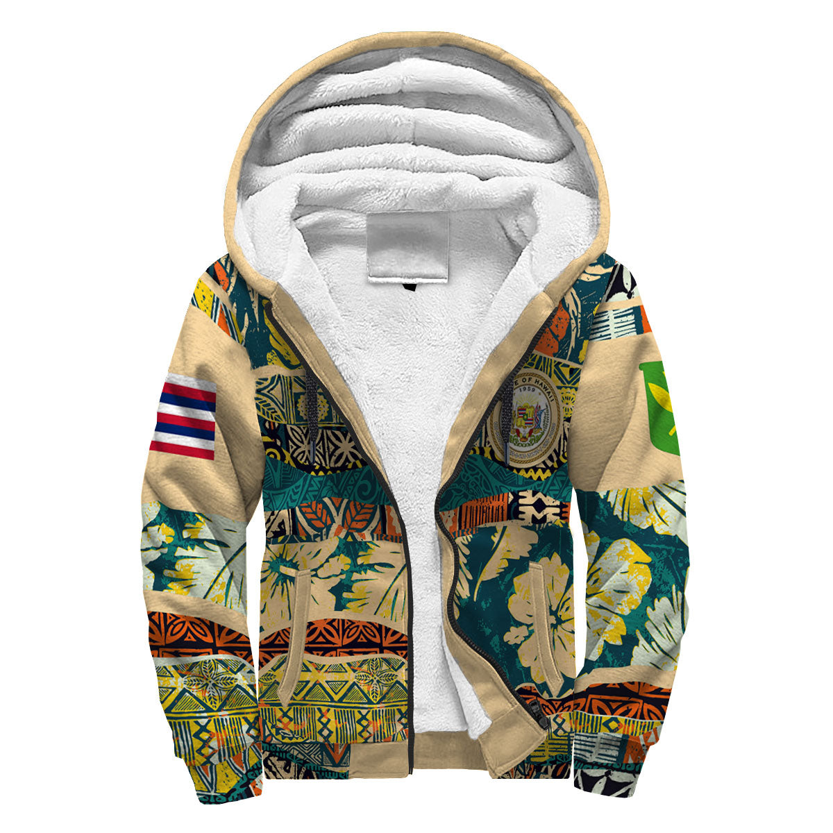 Hawaii Flag Sherpa Hoodie Coat Of Arm Style