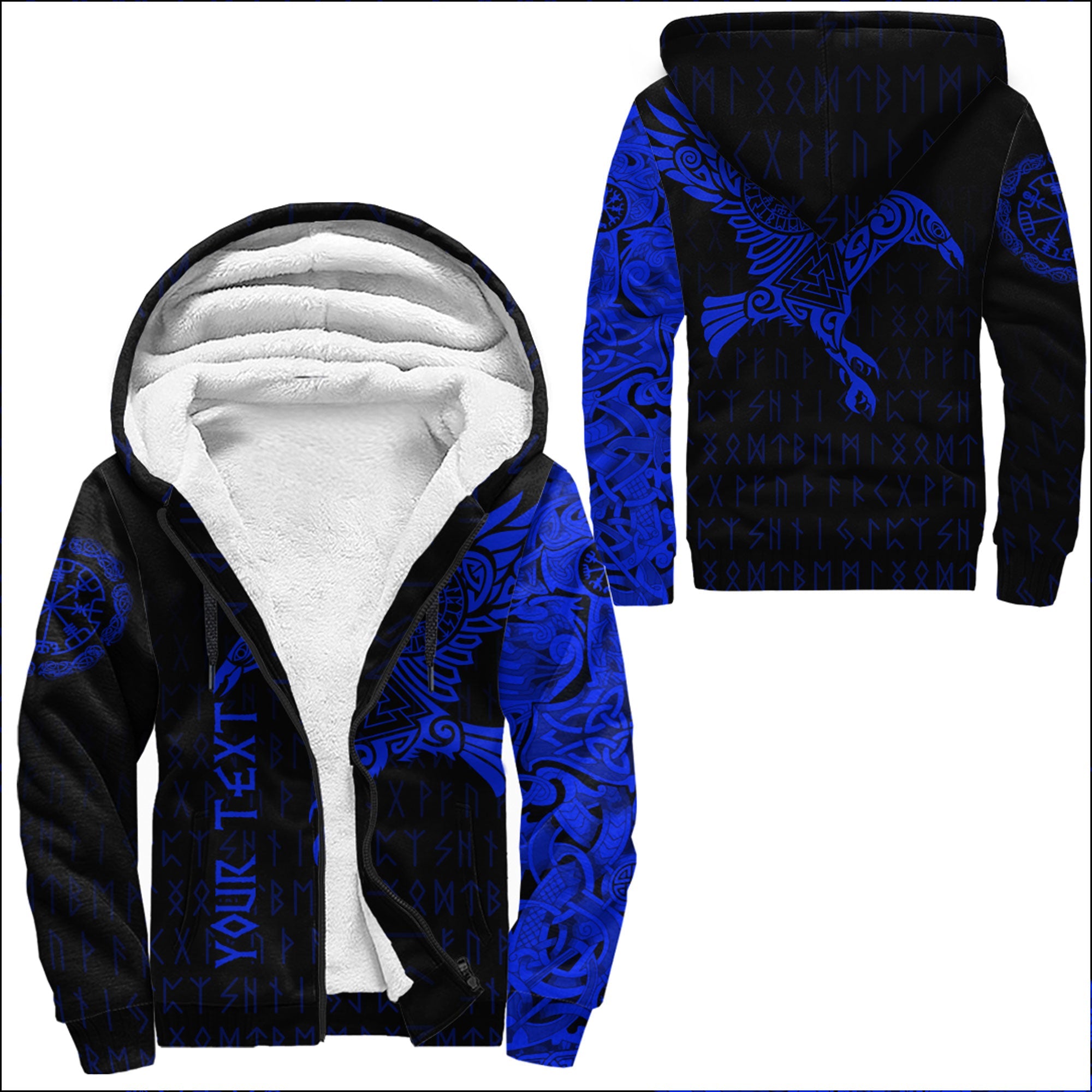 Custom Viking Sherpa Hoodie The Raven Of Odin Tattoo Blue Version