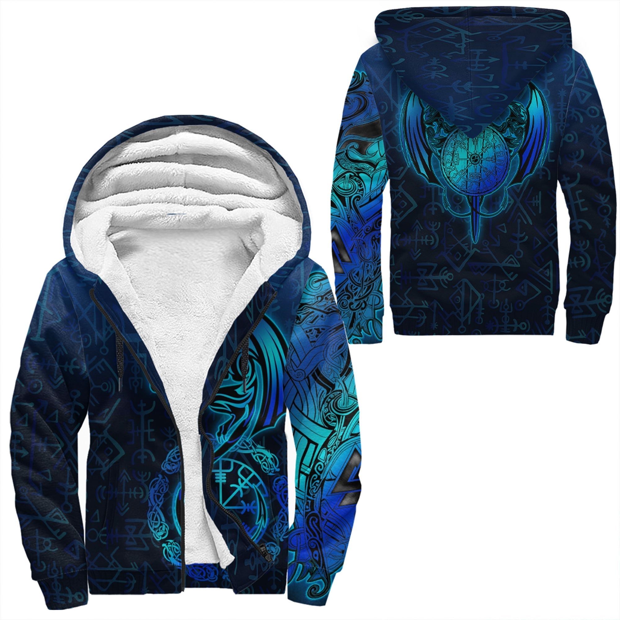 Viking Sherpa Hoodie Dragon and Vegvisir Blue Versions