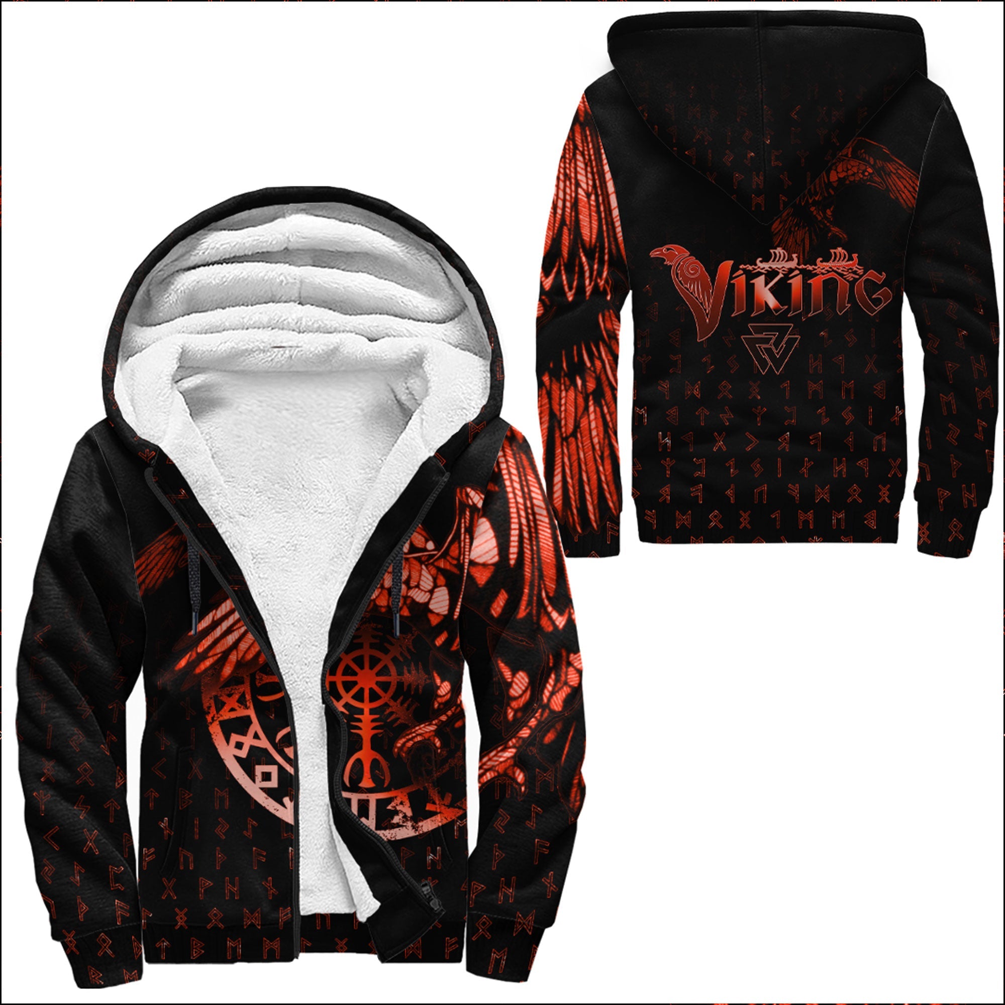 Viking Sherpa Hoodie Raven Helm of Awe Red
