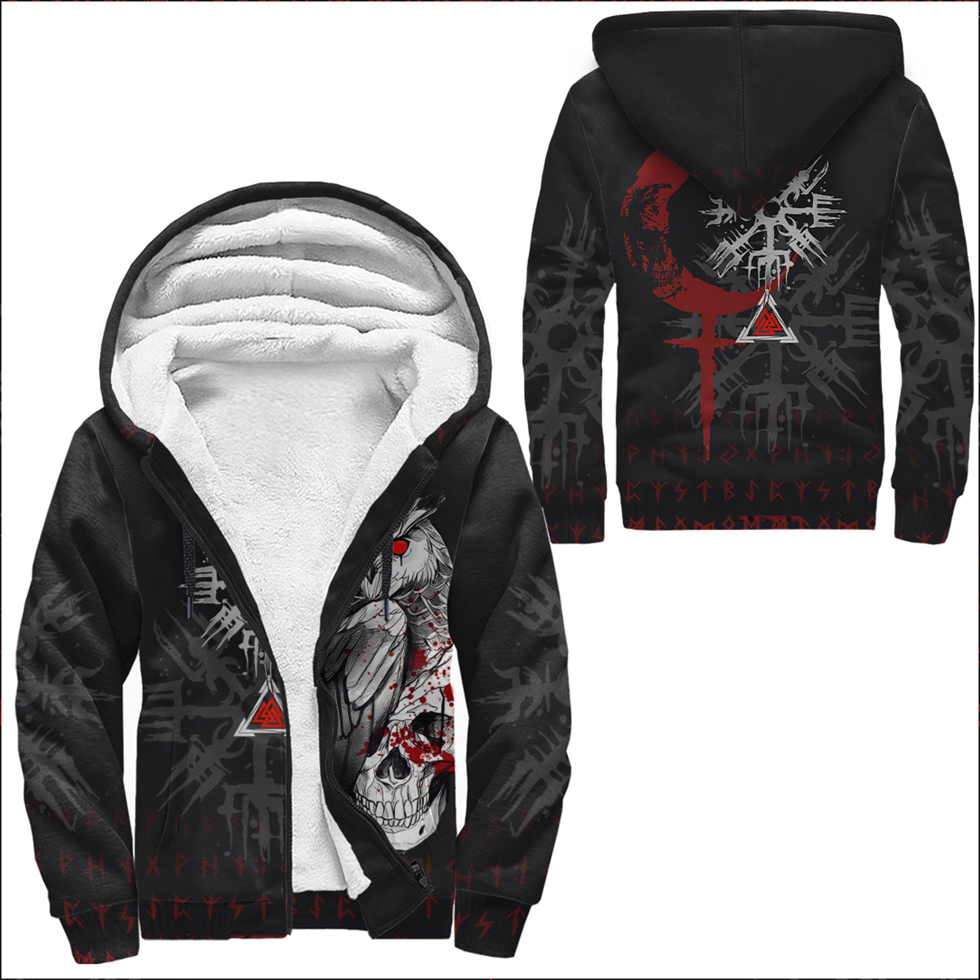 Viking Sherpa Hoodie Owl Skull Blood Style